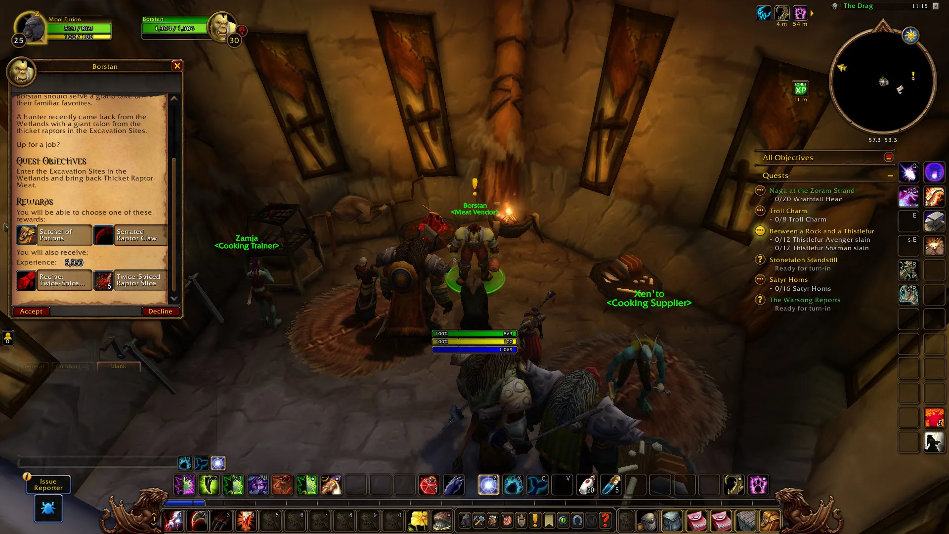 Borstan with a yellow exclamation mark in his hut in The Drag in Orgrimmar, with the quest window of Changing Tastes open, a screenshot from the beta of World of Warcraft: Forever