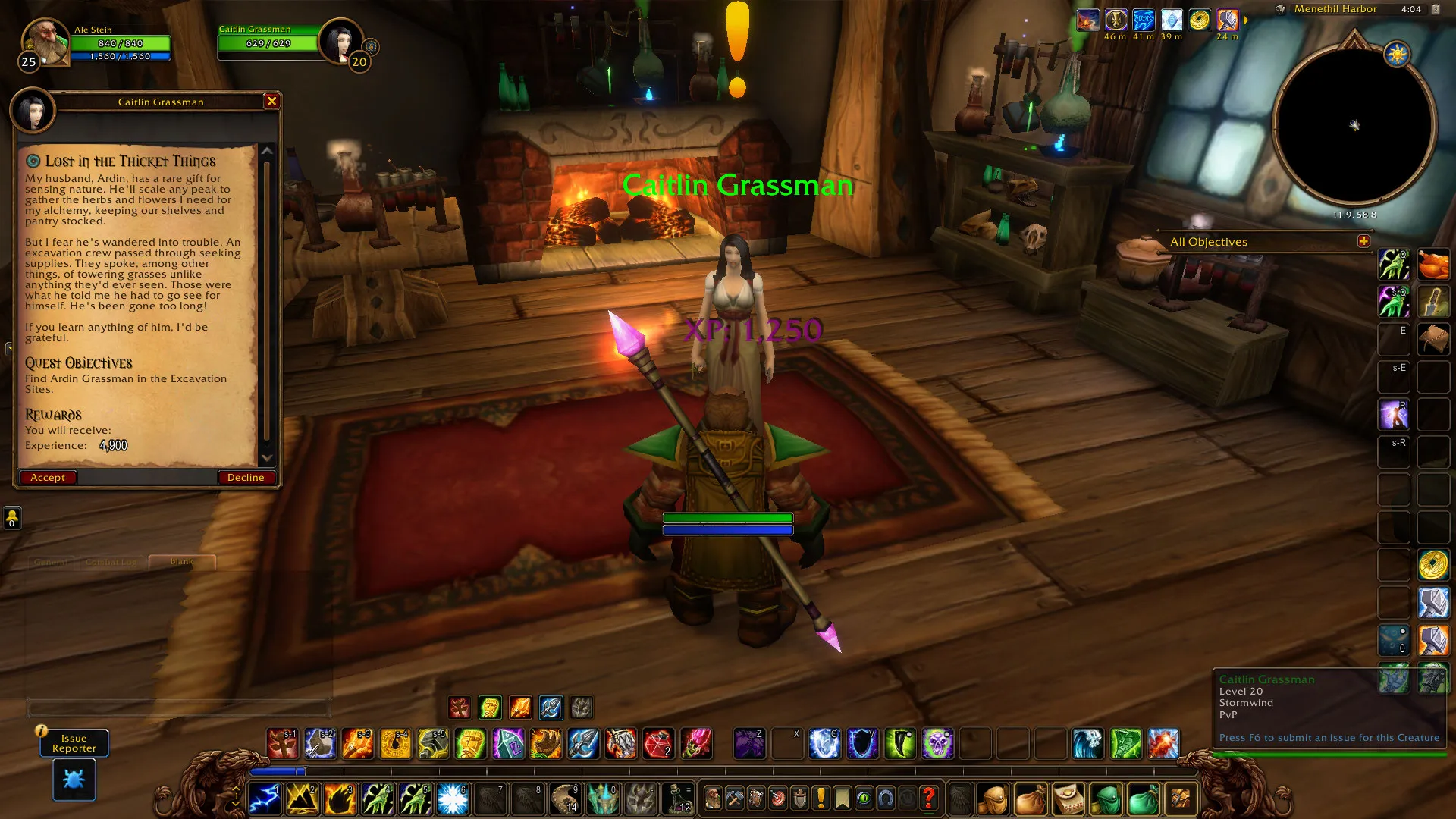 Caitlin Grassman in her house in Menethil Harbor, with the quest window of Lost in the Thicket Things open, a screenshot from the beta of World of Warcraft: Forever