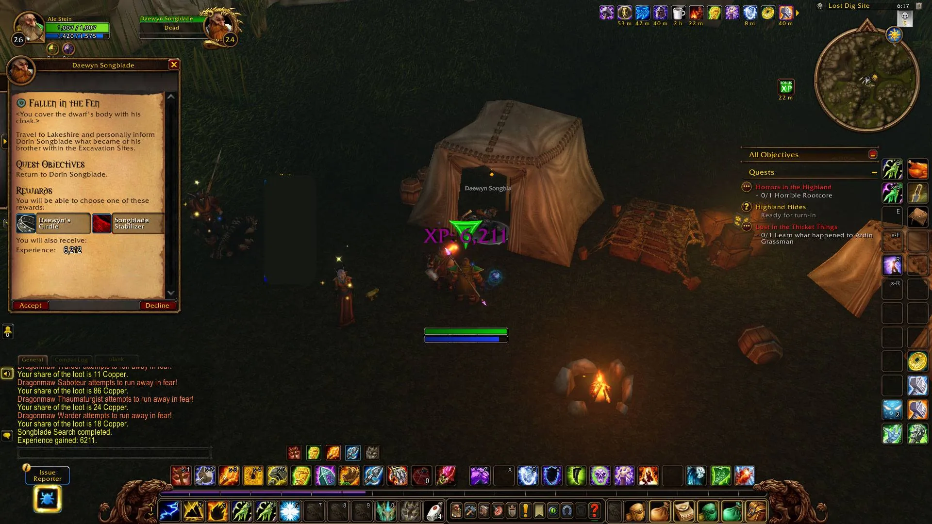 The tent with the body of Daewyn in the Dragonmaw camp, with the quest window of Fallen in the Fen open, a screenshot from the beta of World of Warcraft: Forever