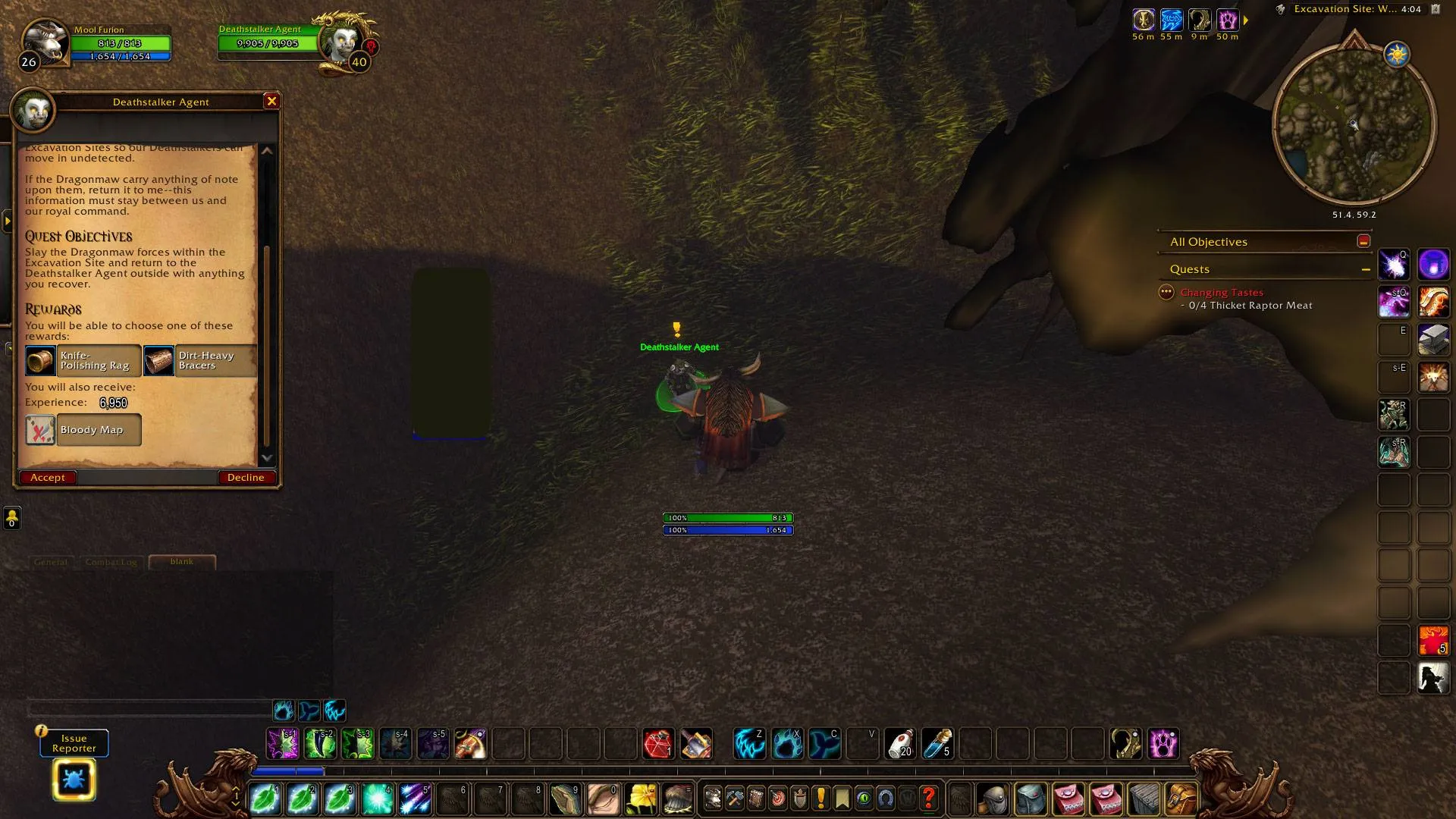 The Deathstalker Agent hiding behind a hill in the Wetlands, with the quest window of Open the Maw open, a screenshot from the beta of World of Warcraft: Forever