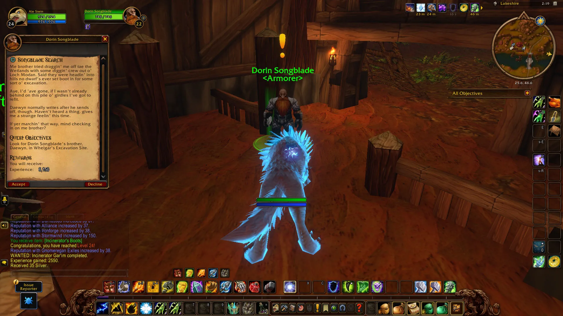 Dorin Songblade, the Armorer in Lakeshire, with the quest window of Songblade Search open, a screenshot from the beta of World of Warcraft: Forever