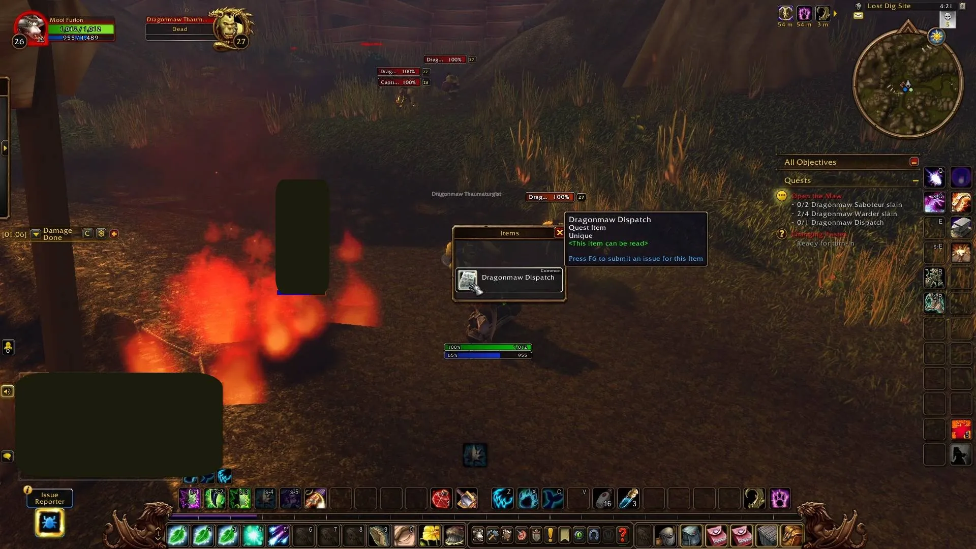 A player loots the Dragonmaw Dispatch from a Dragonmaw Thaumaturgist by a fire, a screenshot from the beta of World of Warcraft: Forever