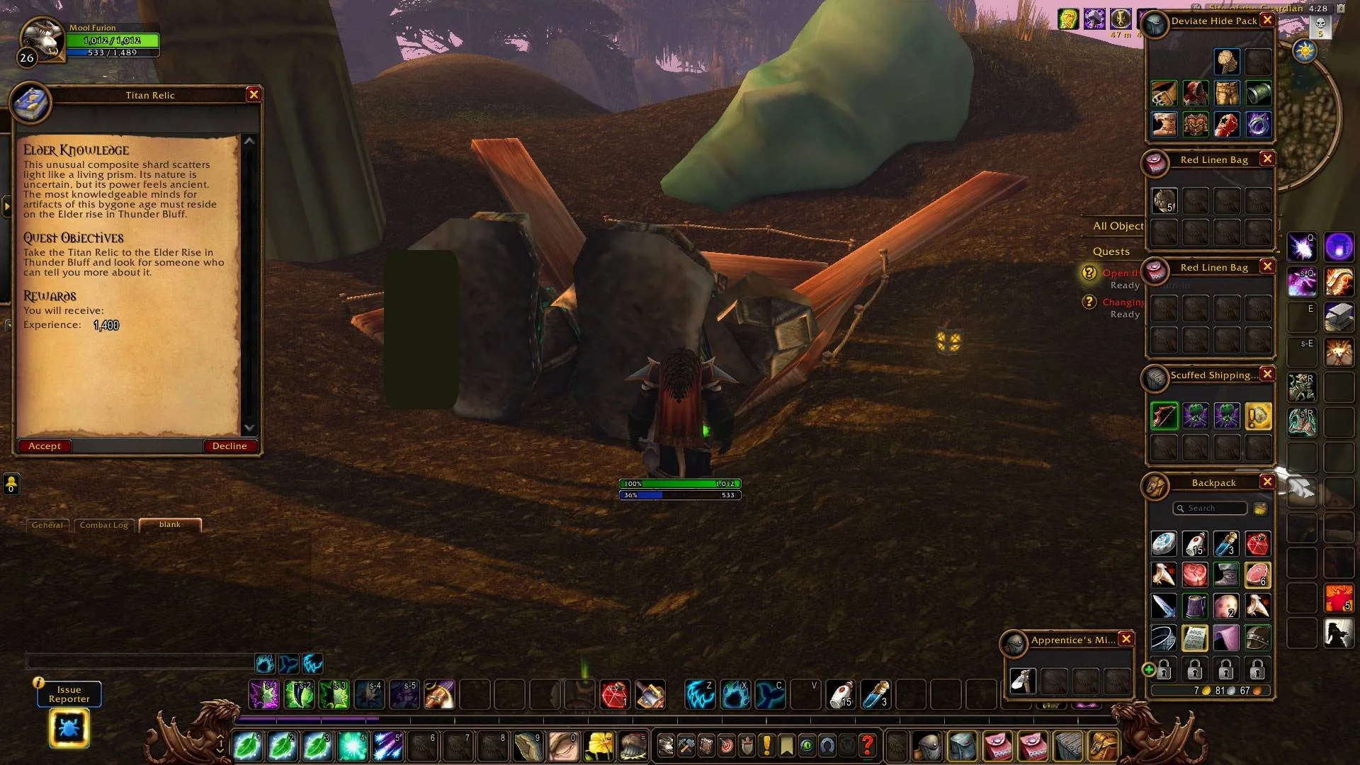 A player at the remains of Relic Guardian with the quest window of Elder Knowledge open, a screenshot from the beta of World of Warcraft: Forever