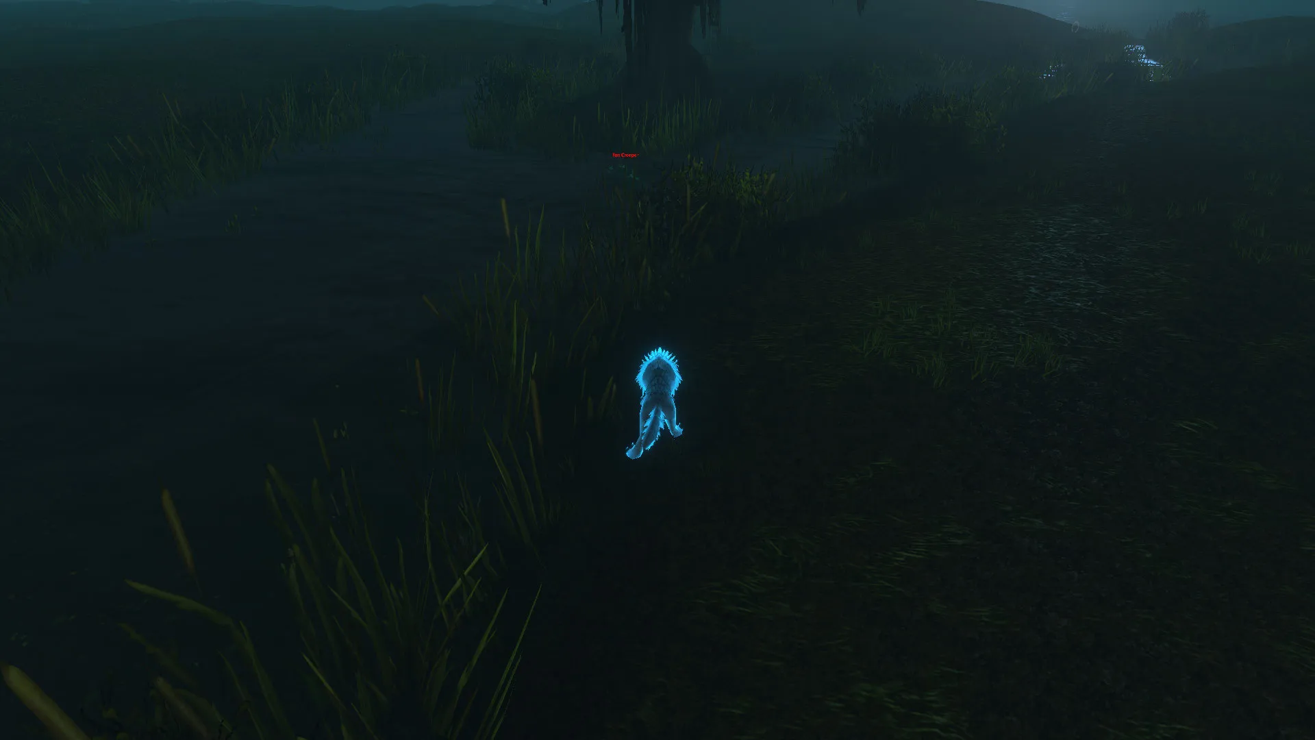 A Fen Creeper, seen only as a faint outline in the water of the Wetlands, a screenshot from the beta of World of Warcraft: Forever