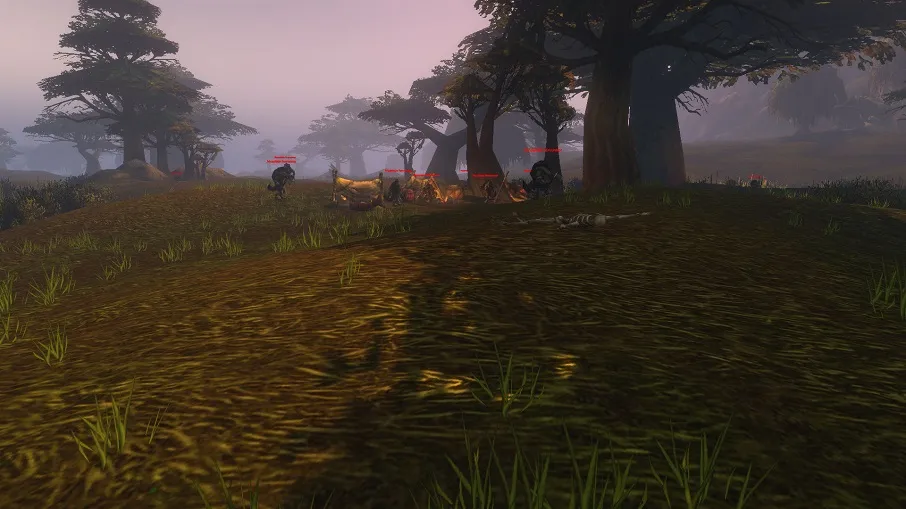 Mosshide gnolls in the misty middle of the Wetlands, a screenshot from the beta of World of Warcraft: Forever