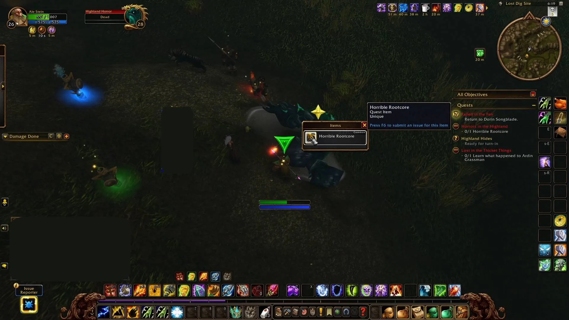 A player loots the Horrible Rootcore from Highland Horror, a screenshot from the beta of World of Warcraft: Forever