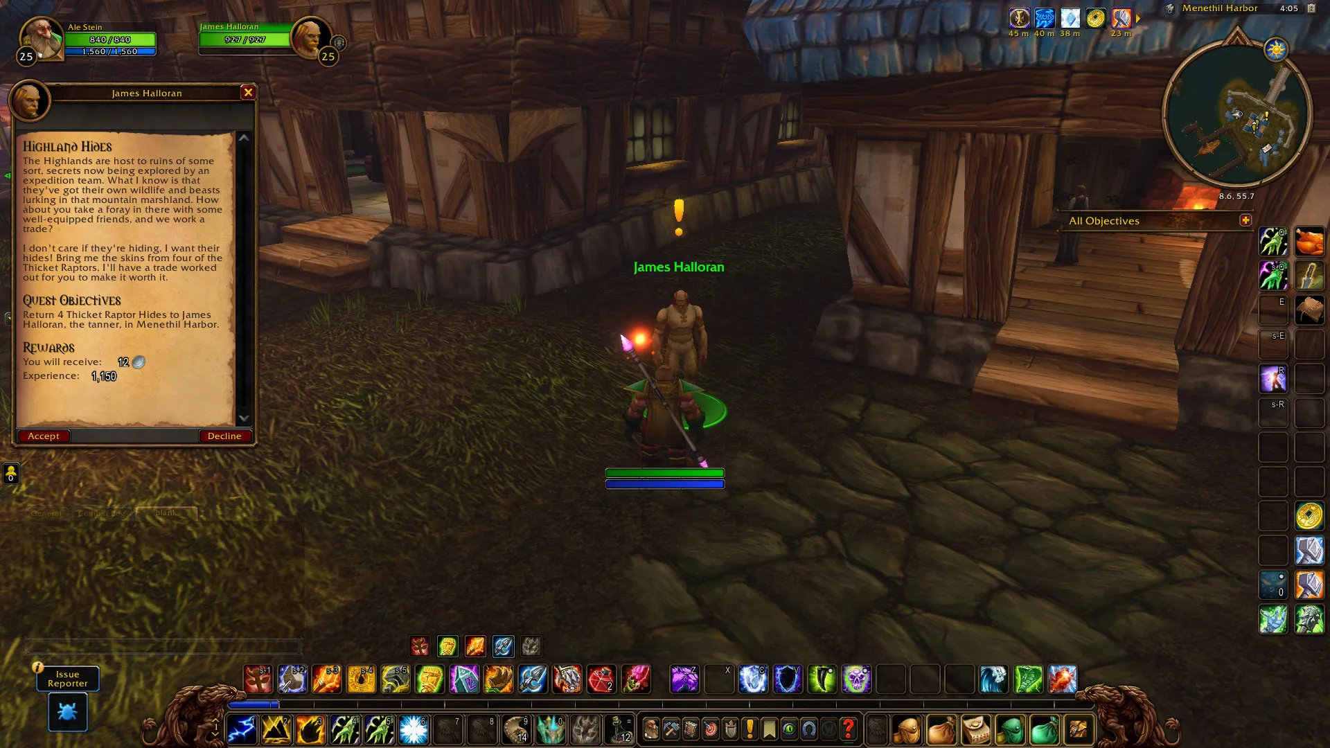 James Halloran in Menethil Harbor with the quest window of Highland Hides open, a screenshot from the beta of World of Warcraft: Forever