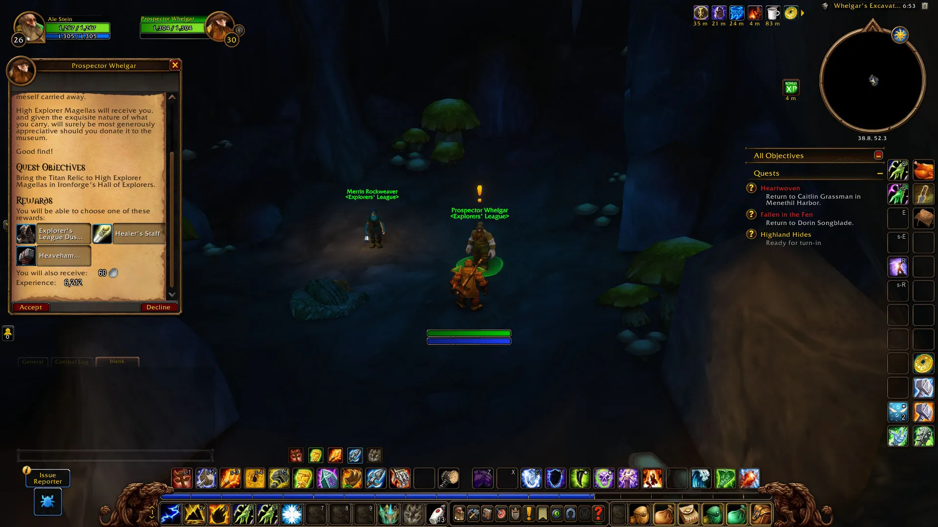 Prospector Whelgar in his cave with the quest window of Prehistoric Prism open, a screenshot from the beta of World of Warcraft: Forever