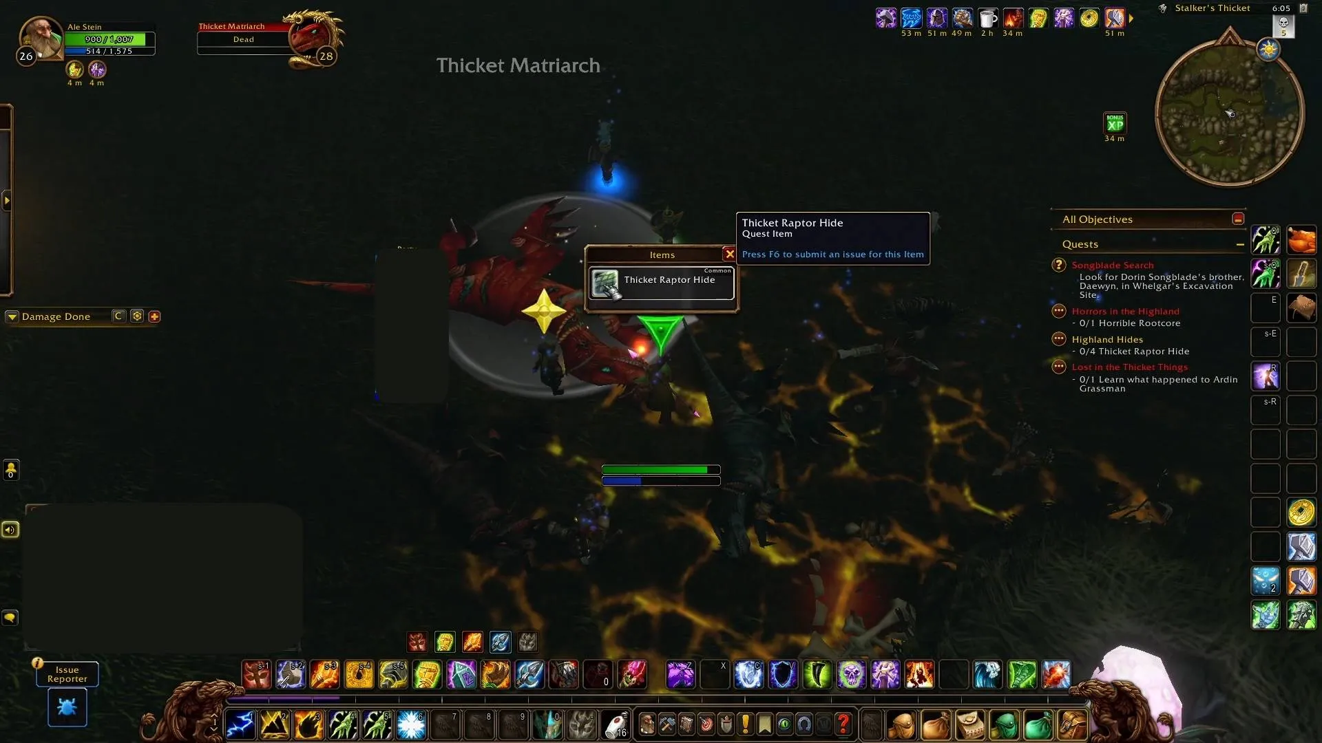 A player loots a Thicket Raptor Hide from a Thicket Matriarch, a screenshot from the beta of World of Warcraft: Forever