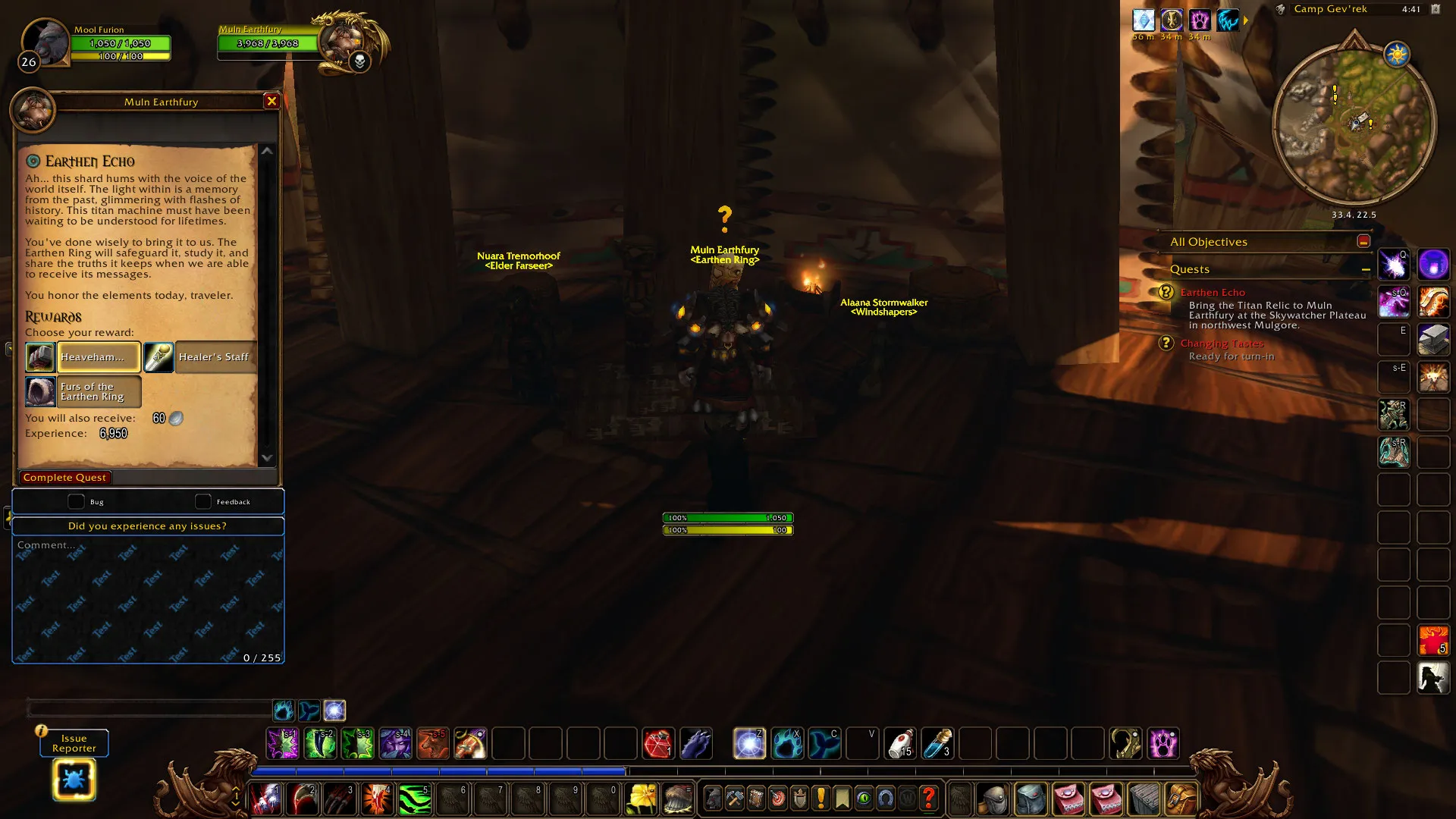 Muln Earthfury in the largest tent of the Skywatcher Plateau, with the quest window of Earthen Echo open, a screenshot from the beta of World of Warcraft: Forever