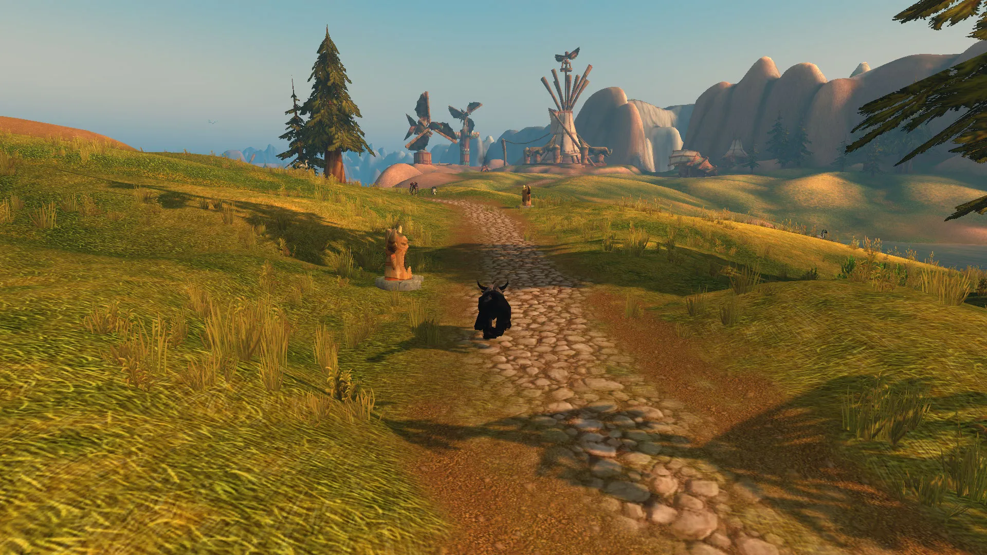 The tents and windmills of the Skywatcher Plateau in Mulgore, a screenshot from the beta of World of Warcraft: Forever