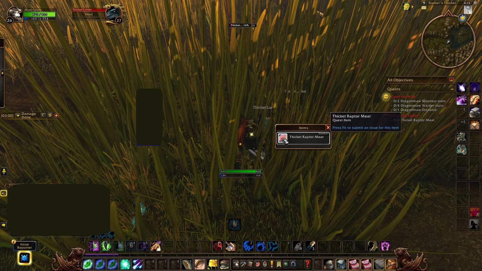 A player loots Thicket Raptor Meat from a raptor in the tall grass of the Stalker’s Thicket, a screenshot from the beta of World of Warcraft: Forever