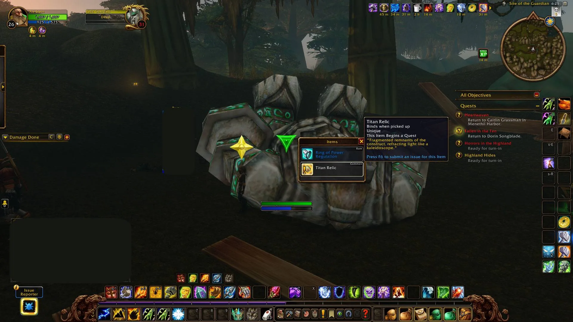 A player at the remains of Relic Guardian with the Titan Relic in the loot window, a screenshot from the beta of World of Warcraft: Forever