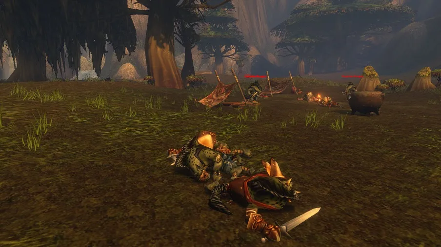 A Mosshide gnoll lies dead in a gnoll camp in the Wetlands, a screenshot from the beta of World of Warcraft: Forever