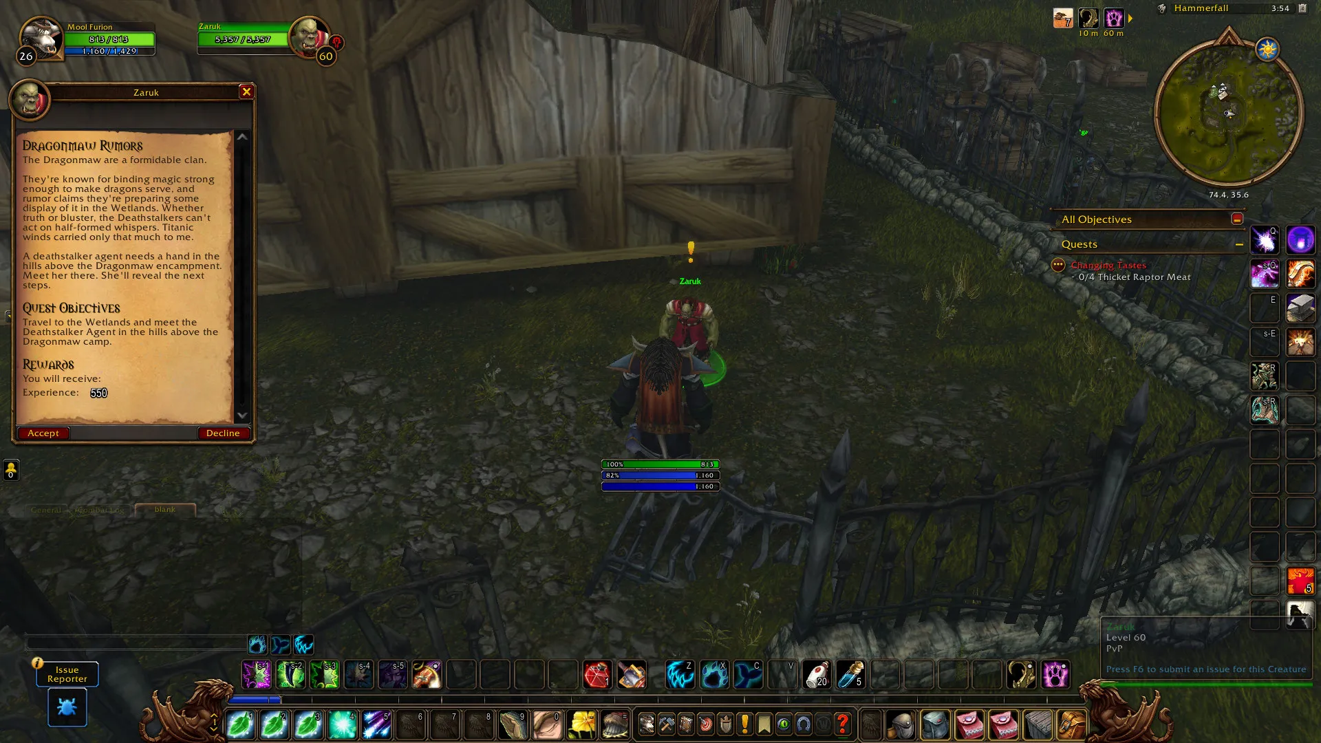 Zaruk in Hammerfall with the quest window of Dragonmaw Rumors open, a screenshot from the beta of World of Warcraft: Forever