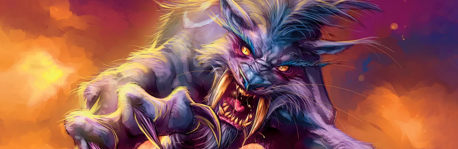 Painted art of a snarling purple cat with yellow eyes and long fangs, leaping out of an orange sky