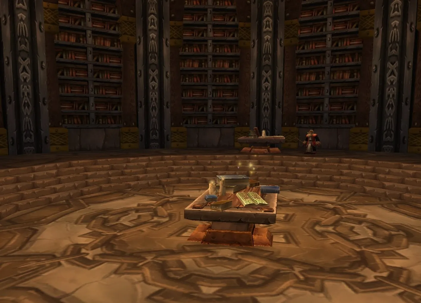 A reading table with open books in the middle of a round library with high bookcases, a screenshot from the beta of World of Warcraft: Forever