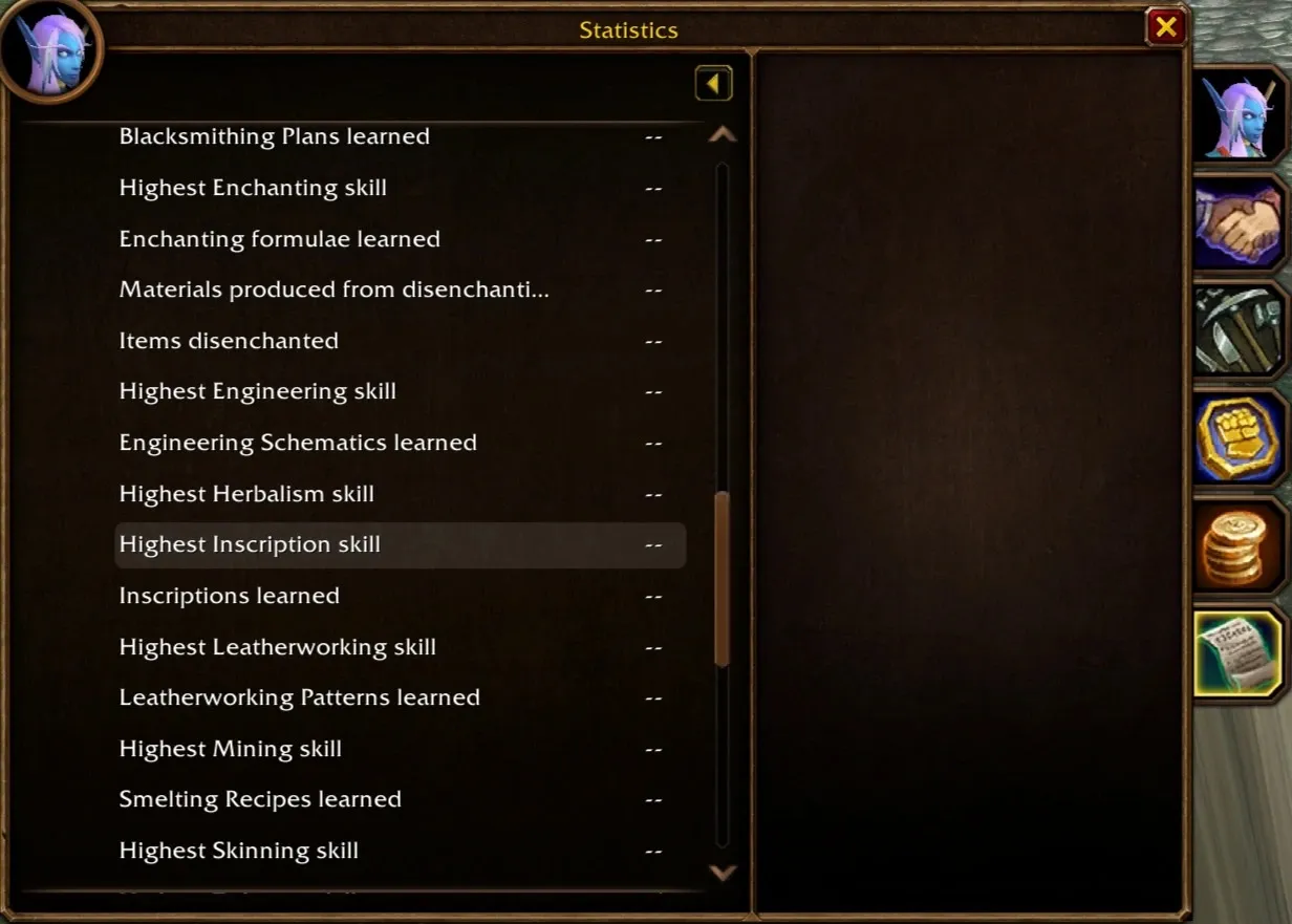 The Statistics pane with Highest Inscription skill and Inscriptions learned between the other tradeskills, a screenshot from the beta of World of Warcraft: Forever