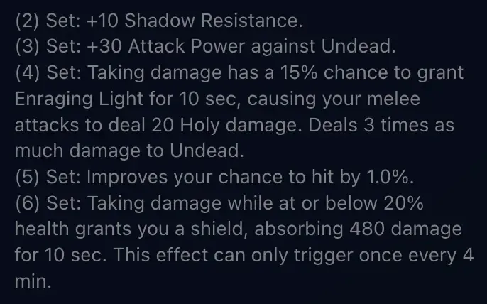 The set bonuses of the Chain of the Scarlet Crusade in a tooltip on the beta of World of Warcraft: Forever