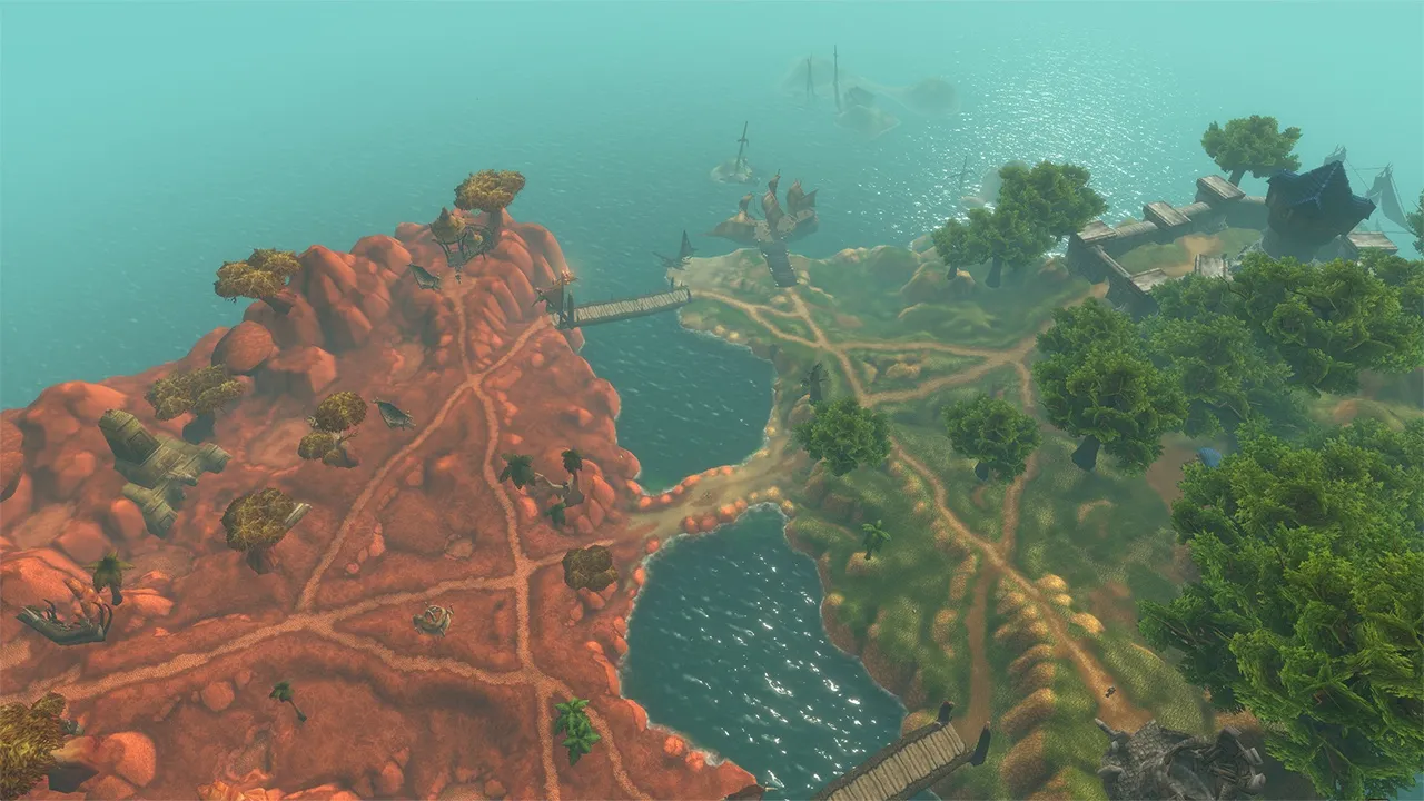 The Darkspear Islands from above: red rock in the west, green jungle in the east, bridges between the islands and ships offshore, an official screenshot of World of Warcraft: Forever