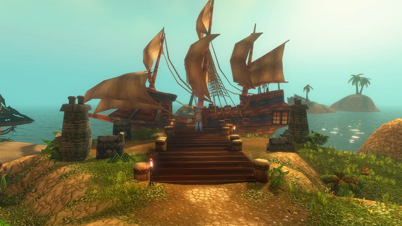 A wooden staircase up to a moored sailing ship, with small palm islands in the sea behind, an official screenshot of World of Warcraft: Forever
