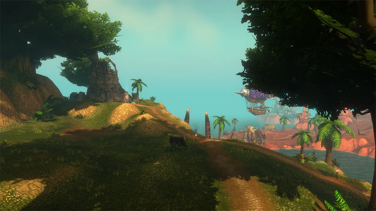 A grassy path past a stone tower, with a goblin zeppelin above the red cliffs in the distance, an official screenshot of World of Warcraft: Forever