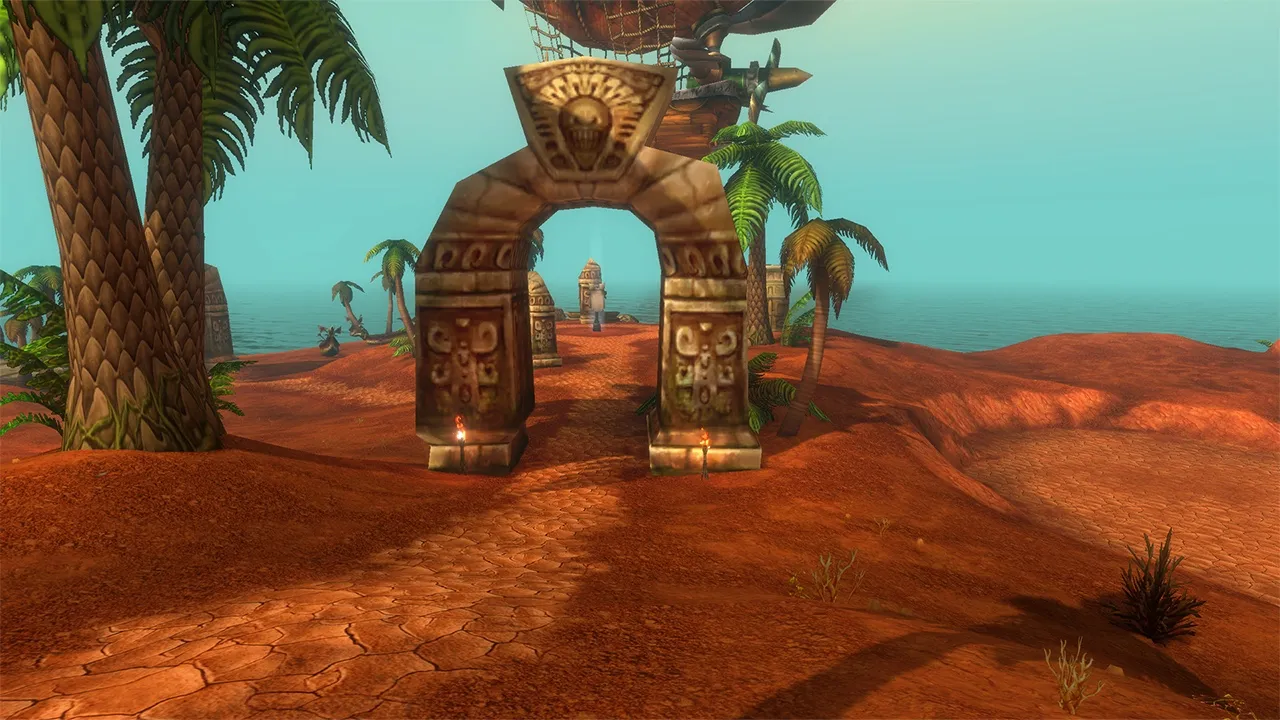 A carved stone arch on a red road between palm trees, with a zeppelin above it, an official screenshot of World of Warcraft: Forever
