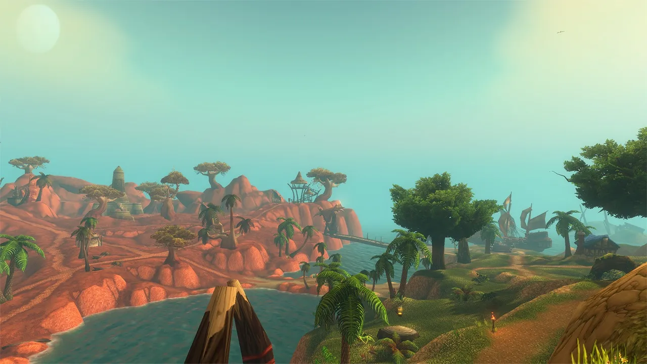 A view over the islands: red cliffs with troll towers on the left, a green coast and ships on the right, an official screenshot of World of Warcraft: Forever