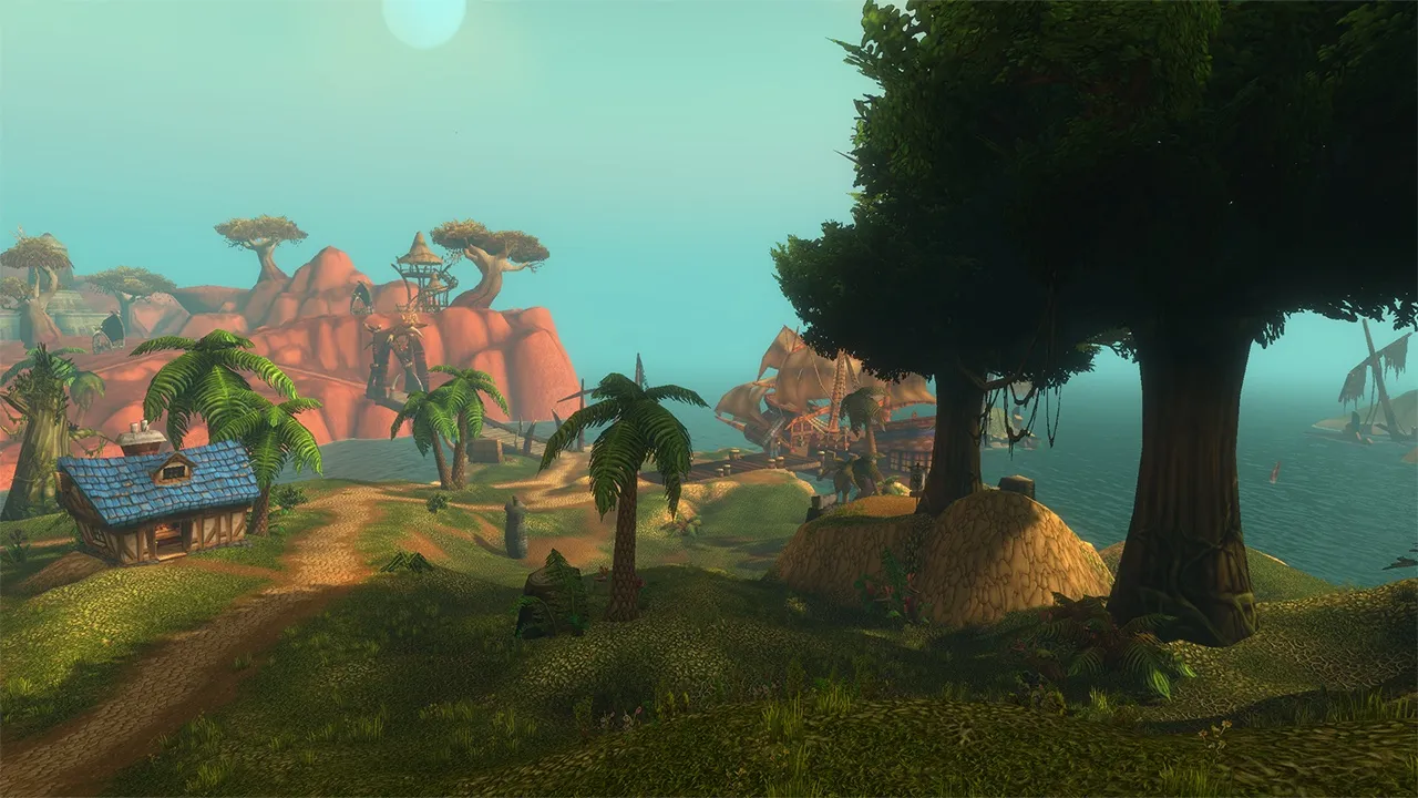 A house with a blue roof on a green hill, with ships in the bay and red cliffs behind, an official screenshot of World of Warcraft: Forever