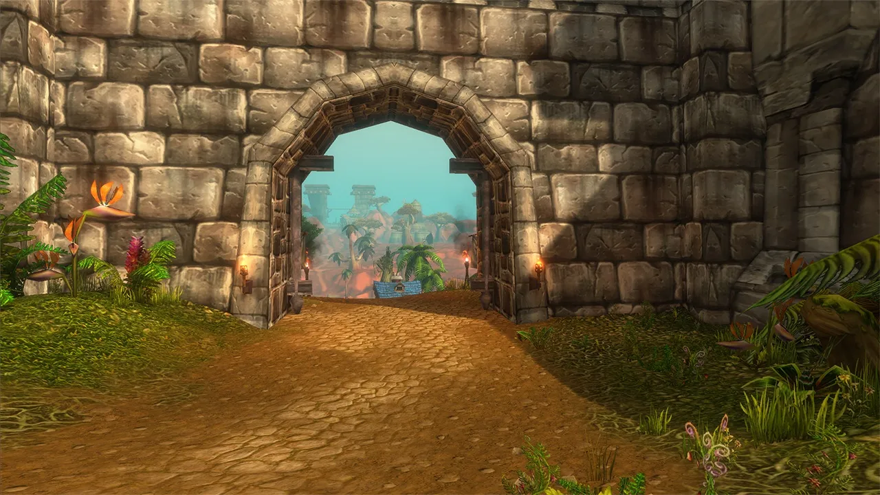 A gate in a high stone wall, with the jungle visible through the arch, an official screenshot of World of Warcraft: Forever