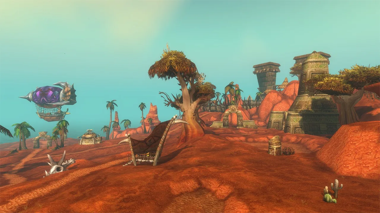 A troll camp on red ground with stone towers, a tree and a goblin zeppelin in the sky, an official screenshot of World of Warcraft: Forever