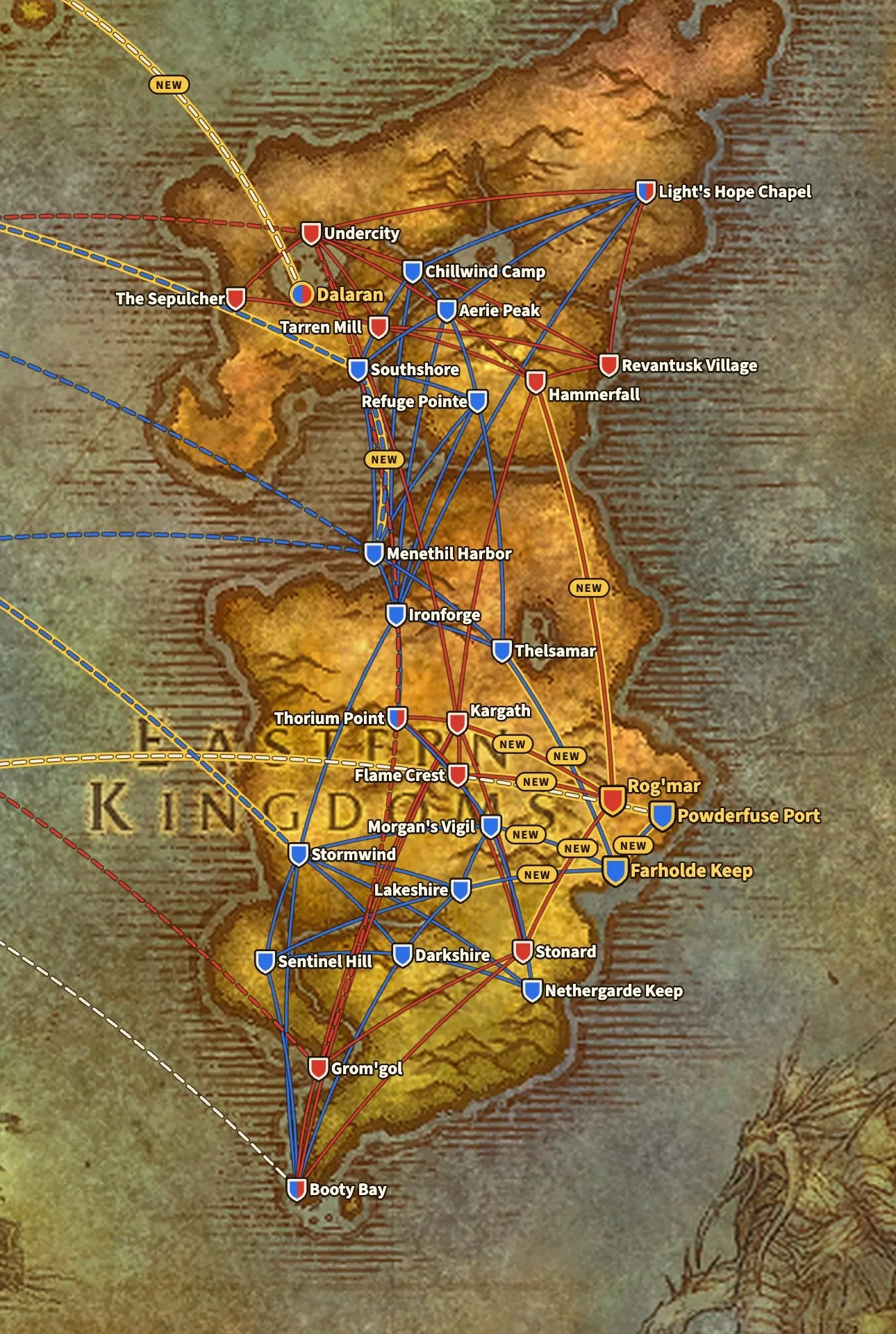 The flight routes of the Eastern Kingdoms in WoW Forever, from Light’s Hope Chapel in the north to Booty Bay in the south, with the new points Rog’mar, Powderfuse Port and Farholde Keep in The Riverglades