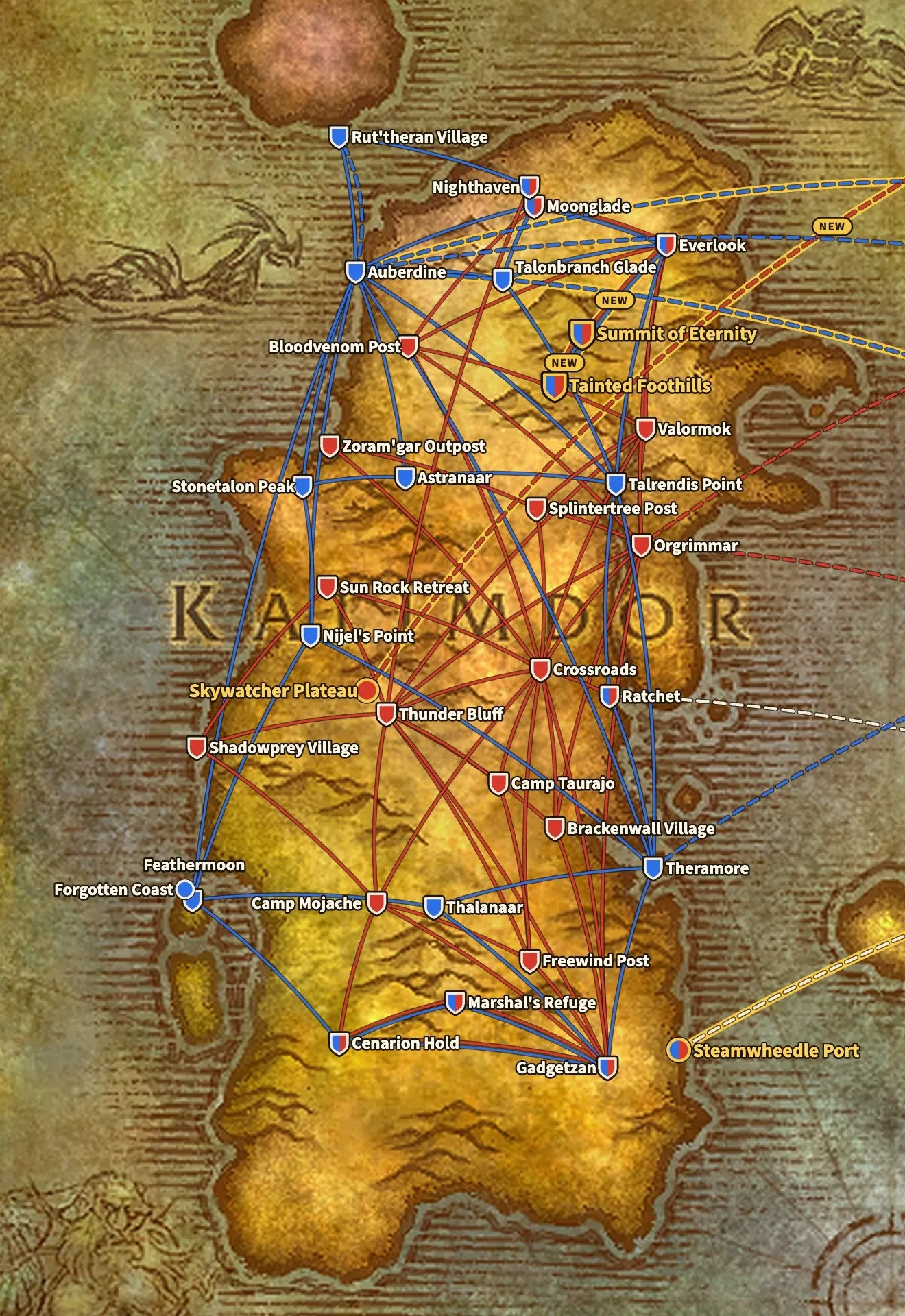 The flight routes of Kalimdor in WoW Forever, from Rut’theran Village in the north to Gadgetzan in the south, with the new points Tainted Foothills and Summit of Eternity on Mount Hyjal