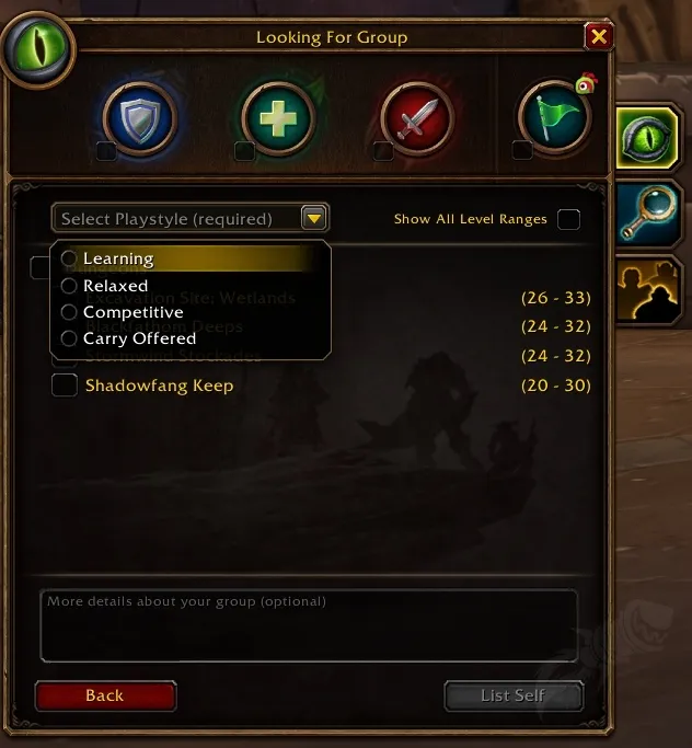 Das Fenster Looking For Group mit dem geöffneten Auswahlmenü Select Playstyle (required) und den Optionen Learning, Relaxed, Competitive und Carry Offered, ein Screenshot aus der Beta von World of Warcraft: Forever