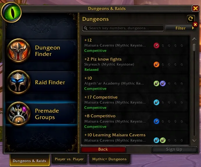 Die Suche nach vorgefertigten Gruppen in World of Warcraft: Midnight, mit Mythic+-Gruppen mit den Bezeichnungen Competitive oder Relaxed, ein Screenshot aus World of Warcraft