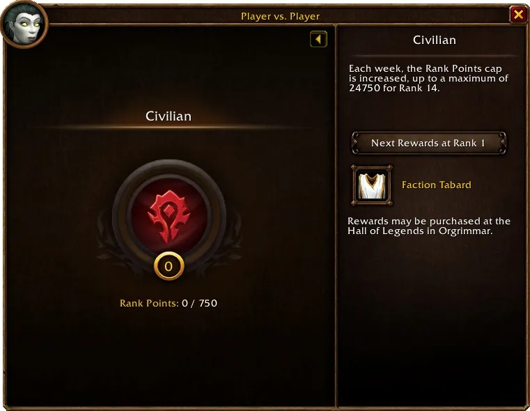 Der Reiter Player vs. Player eines Horde-Charakters mit dem Rang Civilian, 0 von 750 Rank Points und dem Faction Tabard als nächster Belohnung bei Rank 1, ein Screenshot aus World of Warcraft: Forever