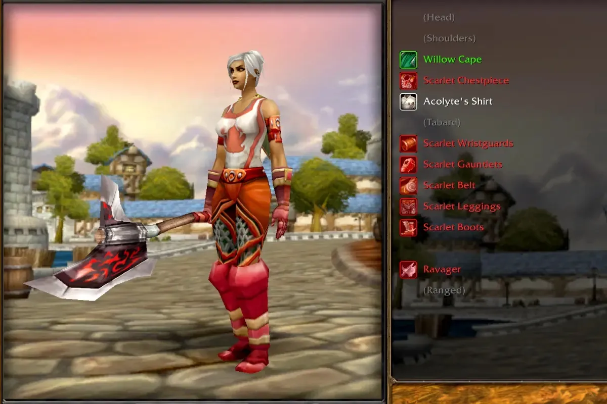 A character in the red and white mail of the Chain of the Scarlet Crusade with a large axe, next to the equipment list with the six Scarlet pieces, a screenshot from World of Warcraft: Forever