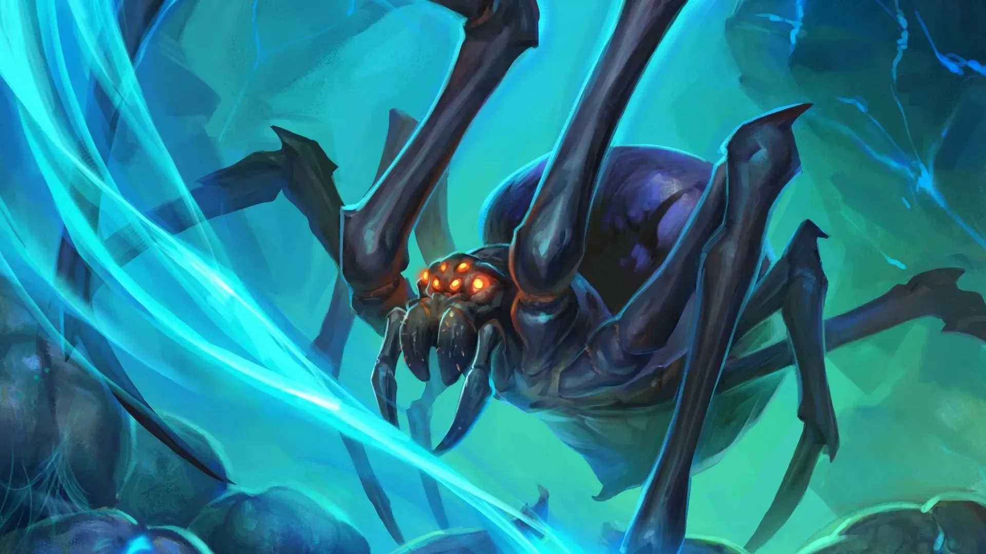 A large dark spider with glowing orange eyes in a blue glow of webs, an illustration