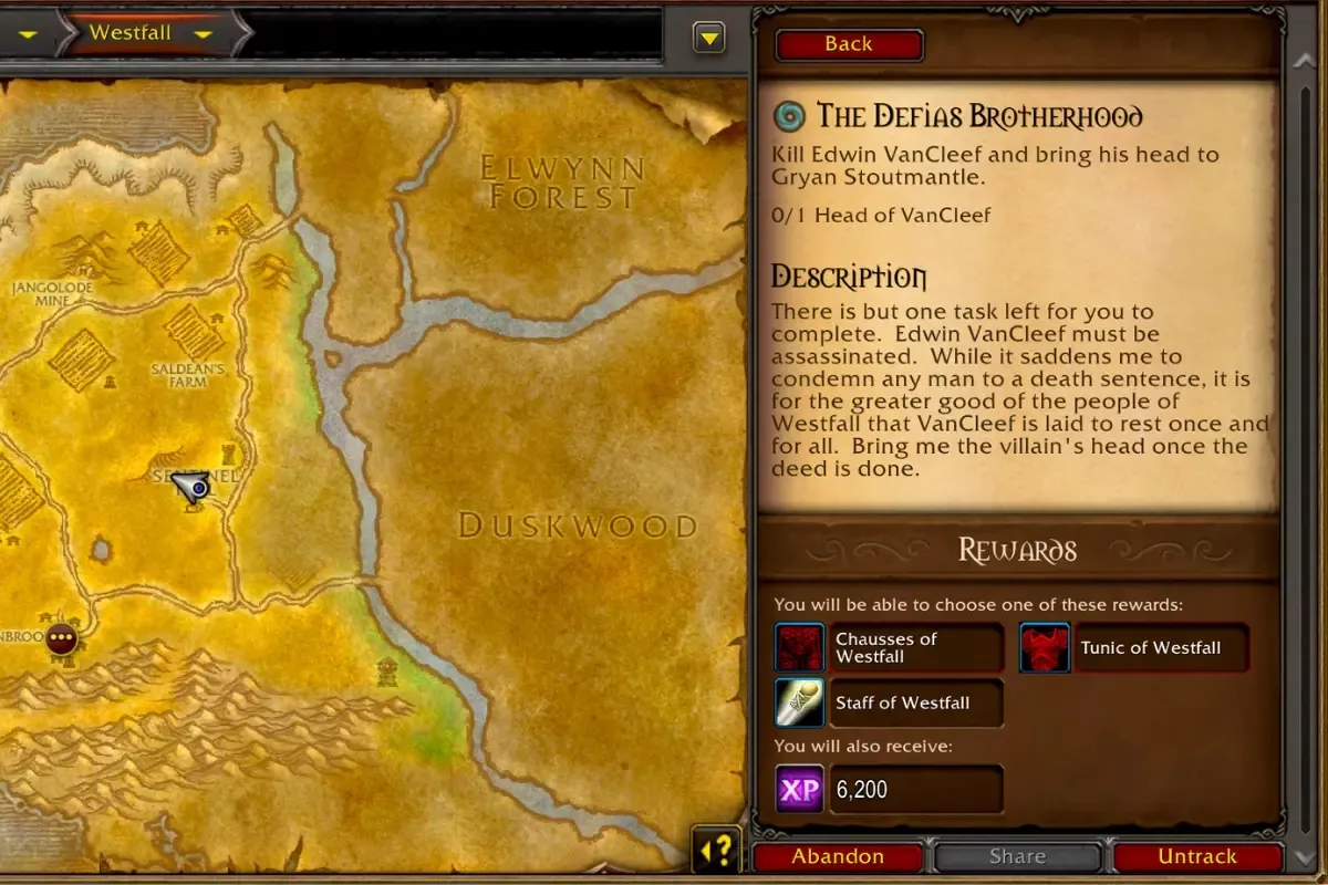 The quest The Defias Brotherhood in the quest log, with its rewards and 6,200 experience, a screenshot from the beta of World of Warcraft: Forever