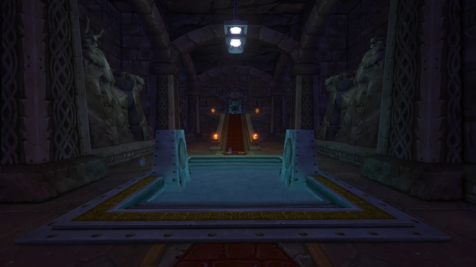 A dark Dwarven hall with a stone pool, a red carpet and stairs up to a gate, a screenshot from World of Warcraft