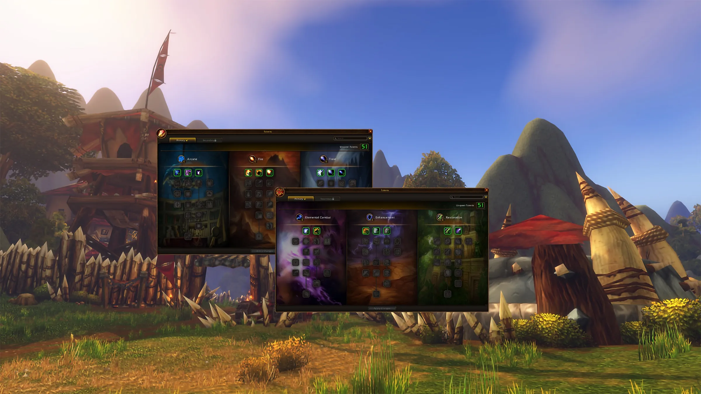 The talent windows of the Mage and the Shaman in World of Warcraft: Forever, with 51 unspent talent points, in front of an orc camp with a red banner, an official image of World of Warcraft: Forever