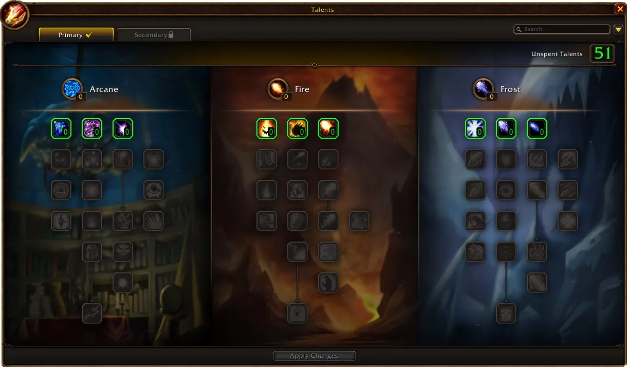The three Mage talent trees in World of Warcraft: Forever: Arcane, Fire and Frost, with 51 unspent talent points