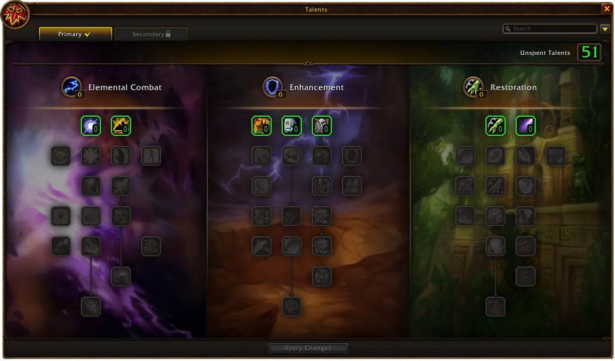 The three Shaman talent trees in World of Warcraft: Forever: Elemental Combat, Enhancement and Restoration, with 51 unspent talent points