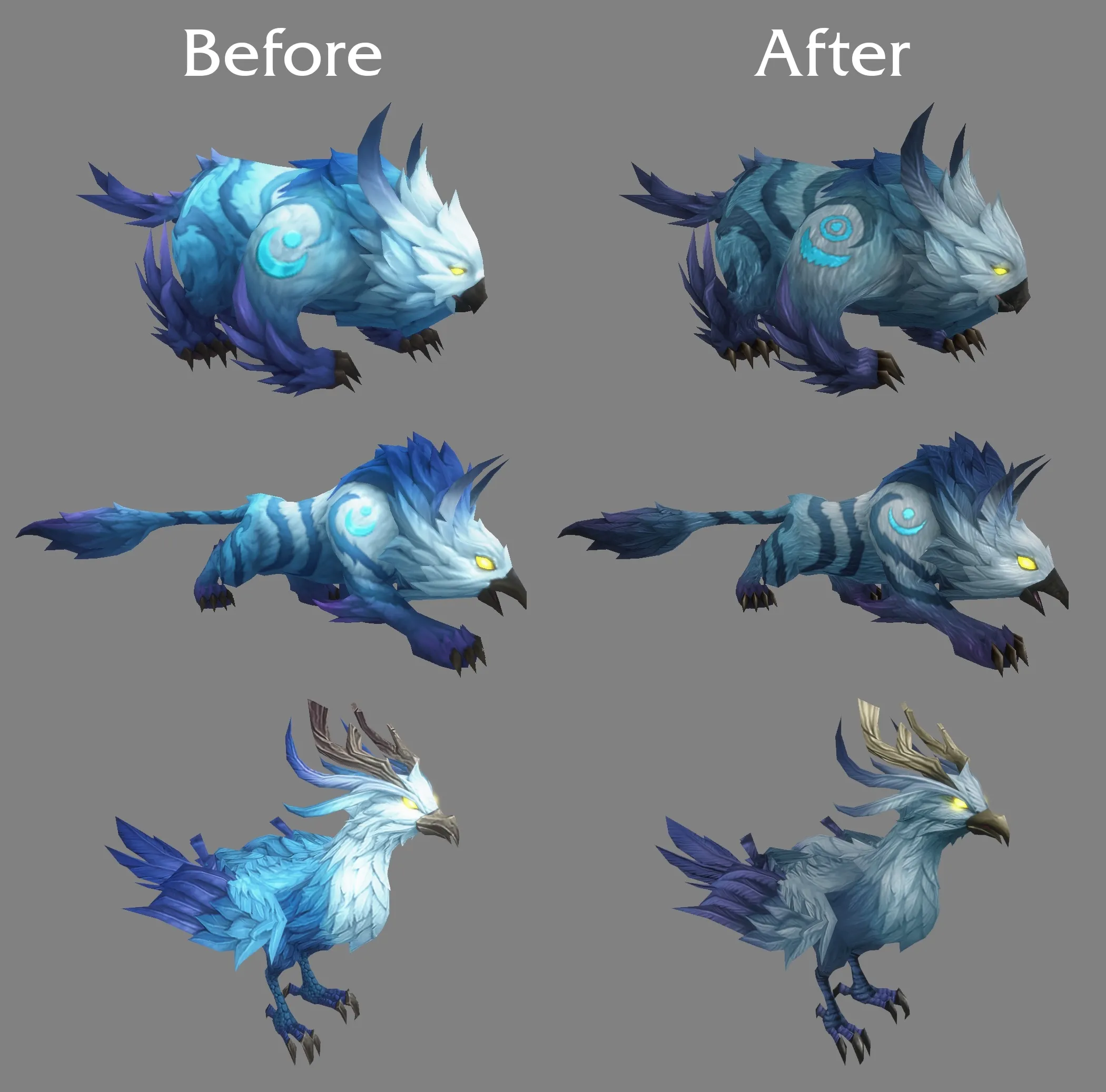Tres Druid forms de los Skyborne antes y después de la actualización: una bestia robusta, una bestia alargada como un felino y un pájaro, azul vivo a la izquierda y un azul más oscuro y gris con más detalle en el pelaje a la derecha, una imagen oficial de World of Warcraft: Forever