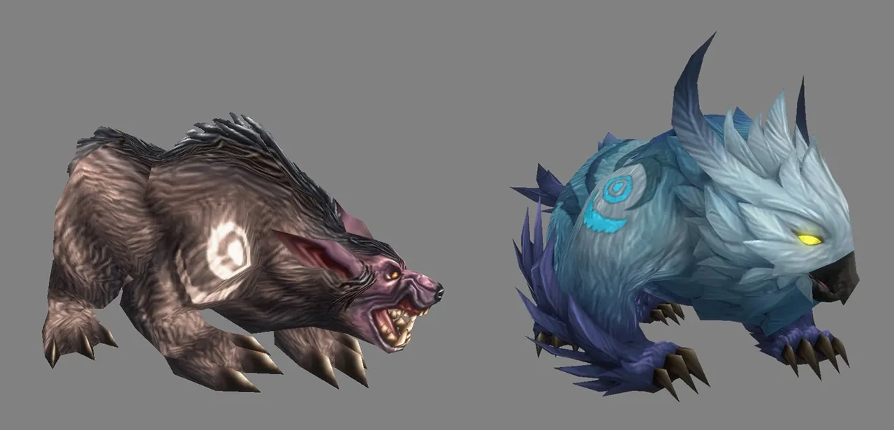 Dos Druid forms HD de los Skyborne una al lado de la otra: una bestia oscura parecida a un oso con una marca blanca y una bestia azul con plumas, pico y ojos amarillos, una imagen oficial de World of Warcraft: Forever