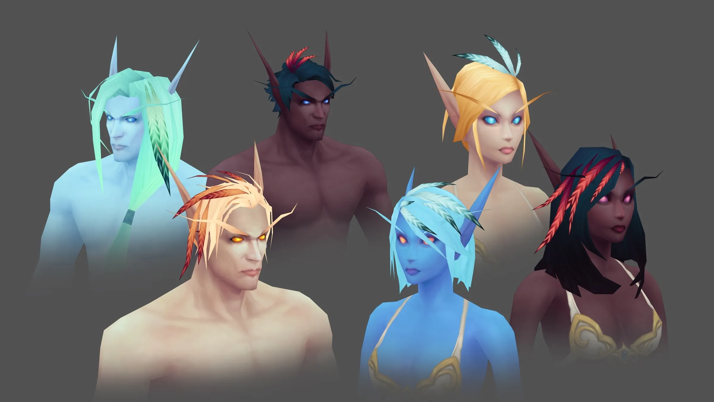 Seis Skyborne en definición estándar, hombres y mujeres de piel pálida, azul u oscura, con orejas largas y plumas en el pelo, una imagen de trabajo de World of Warcraft: Forever