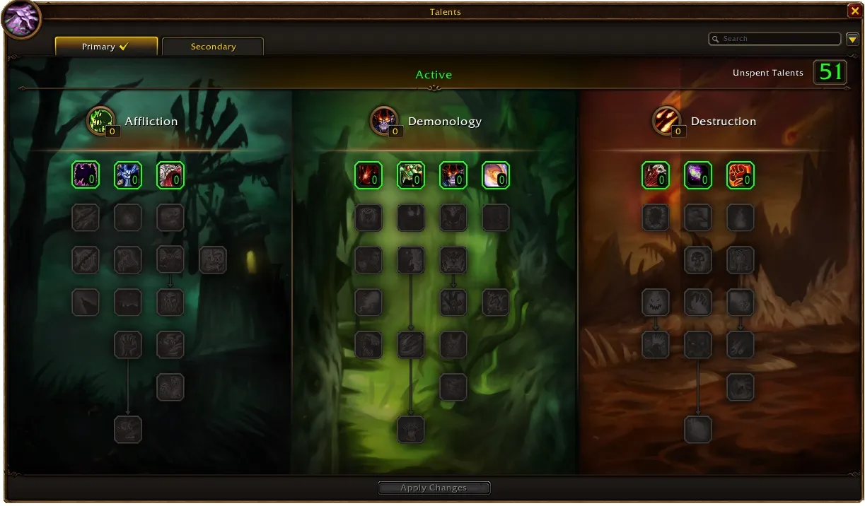 Die drei Talentbäume des Warlock in World of Warcraft: Forever: Affliction, Demonology und Destruction, mit 51 freien Talentpunkten