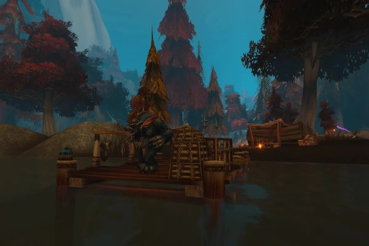 A furbolg on a wooden jetty in a lake, with red autumn trees and a camp on the shore behind it, a screenshot from World of Warcraft: Forever