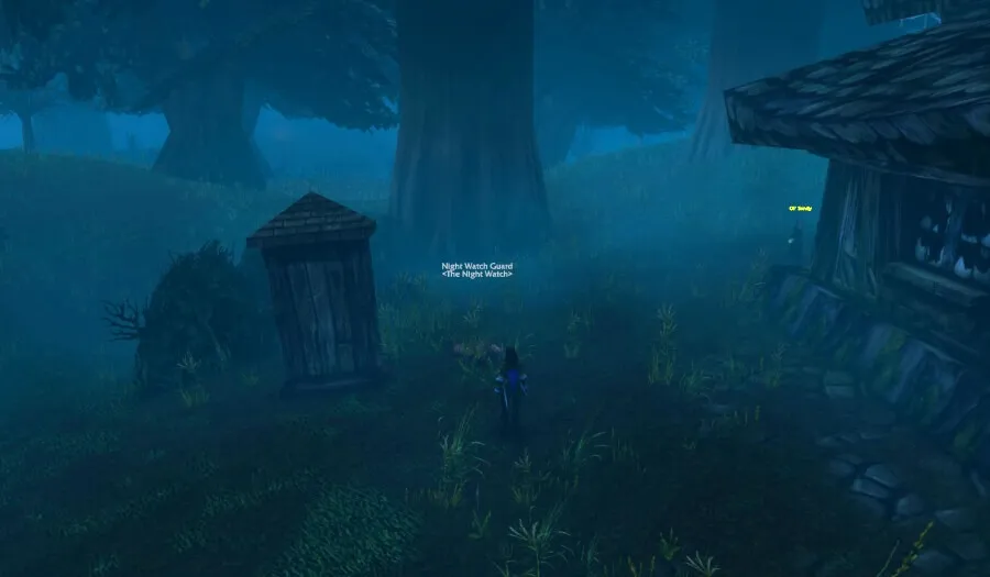 The Night Watch Guard lying in the grass at Raven Hill in Duskwood at night, a screenshot from the beta of World of Warcraft: Forever