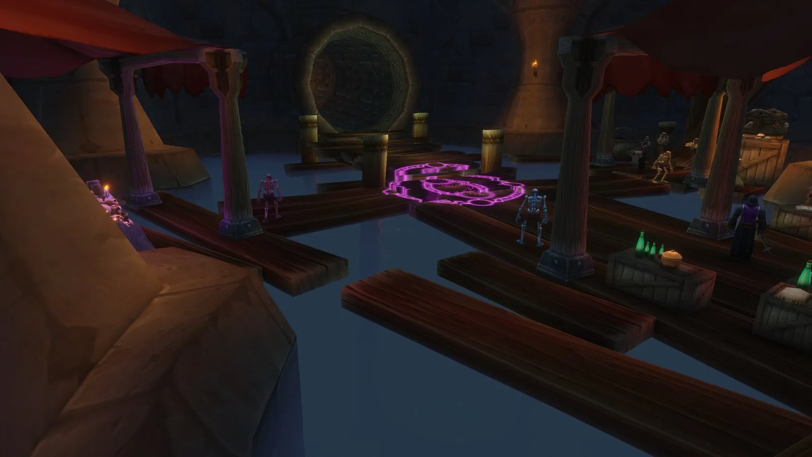 Un cerchio di evocazione viola sulle passerelle di legno dell’Underbelly, tra scheletri e casse, uno screenshot dalla beta di World of Warcraft: Forever